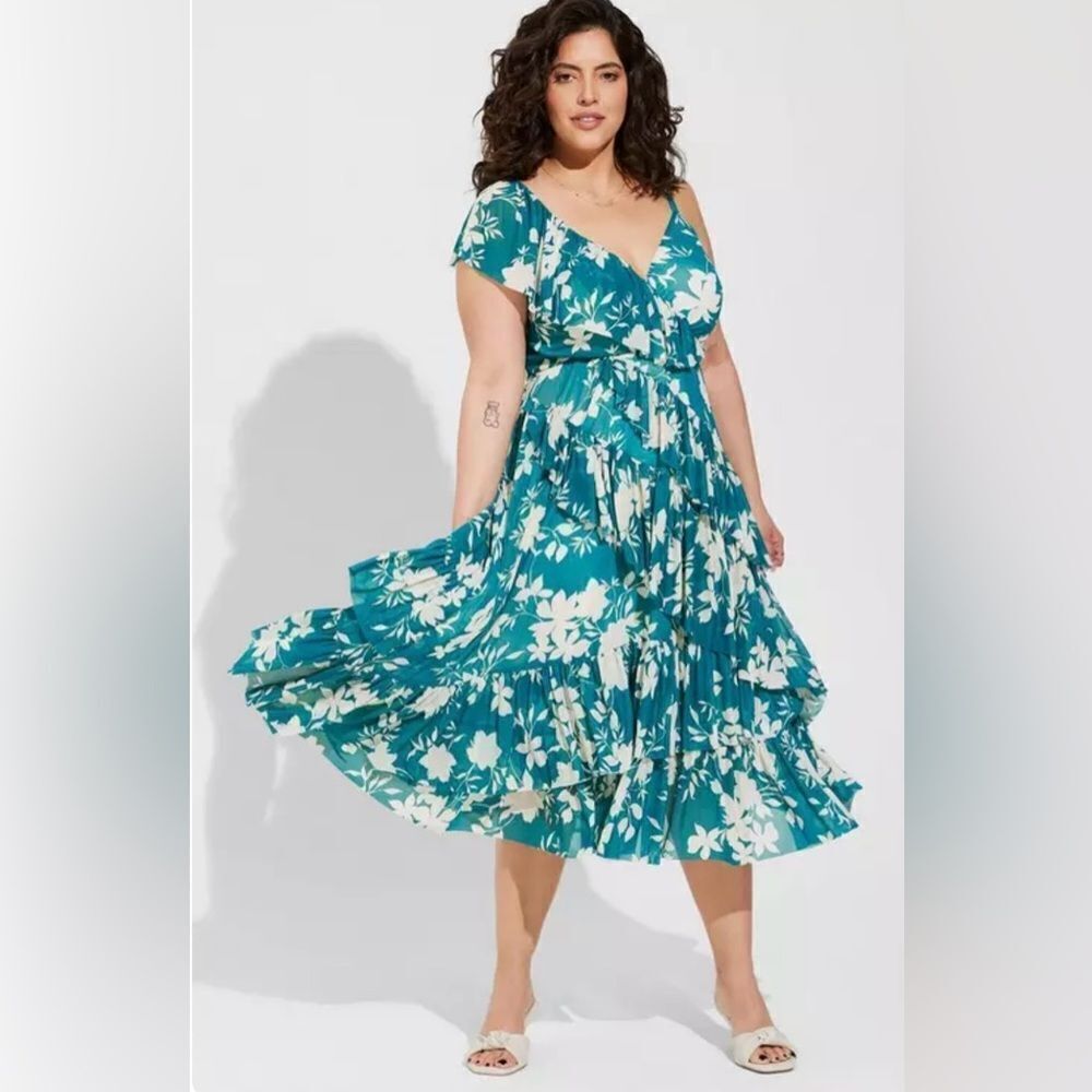 TORRID Teal White Floral Tiered Midi Mesh Ruffle Surplice Dress 12